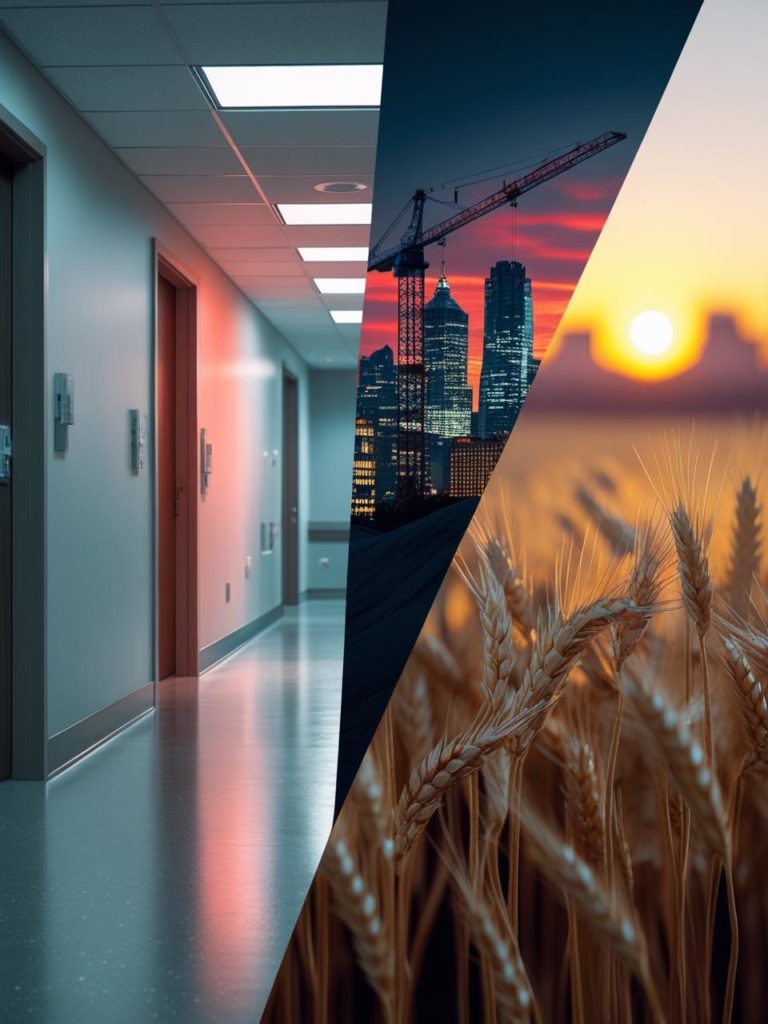 Divine Logic Central Valley IT Services Company Healthcare Dental Construction Contracting Hospitality Events Ag Food Processing Collage of healthcare, construction crane, and agriculture scenes—representing industries Divine Logic supports.