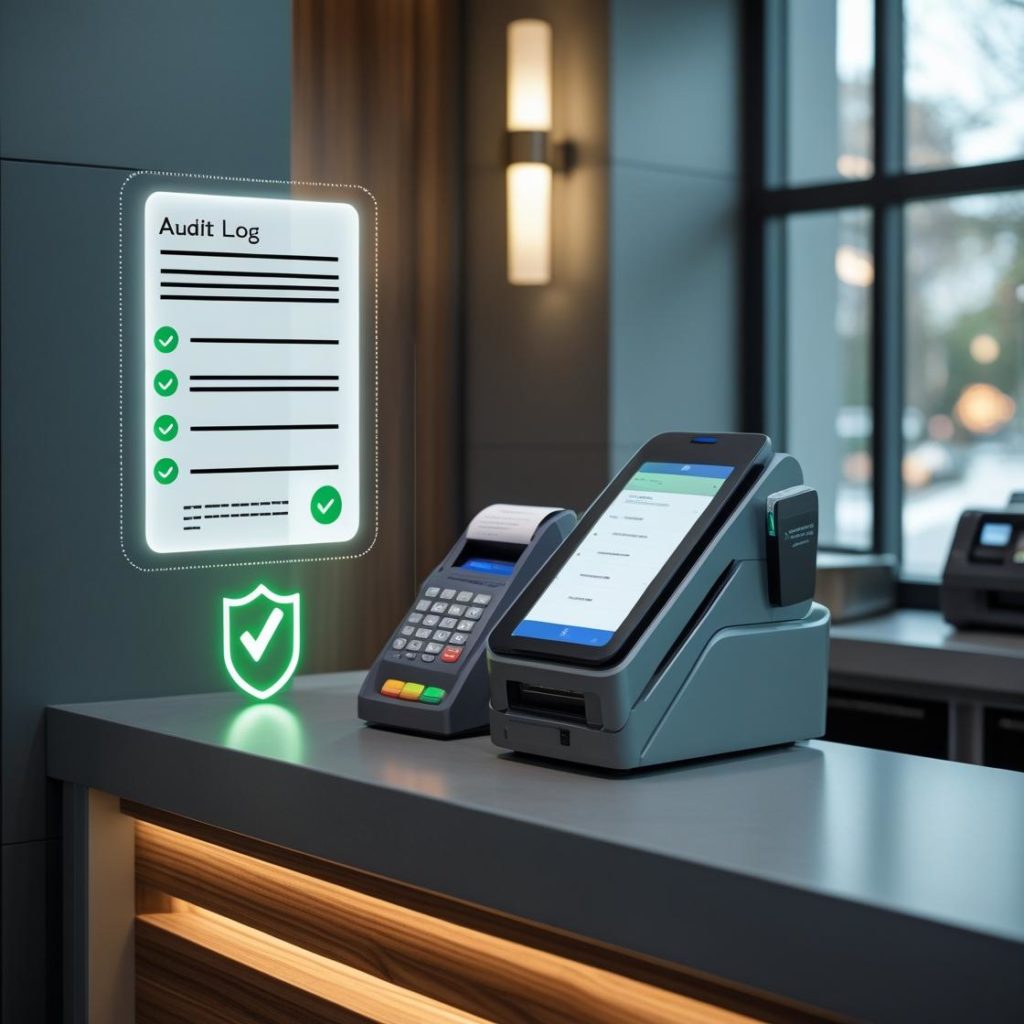Hospitality checkout with secure, vendor-neutral payment terminal and abstract audit logs—no card data visible. Hospitality checkout with secure, vendor-neutral payment terminal and abstract audit logs—no card data visible.