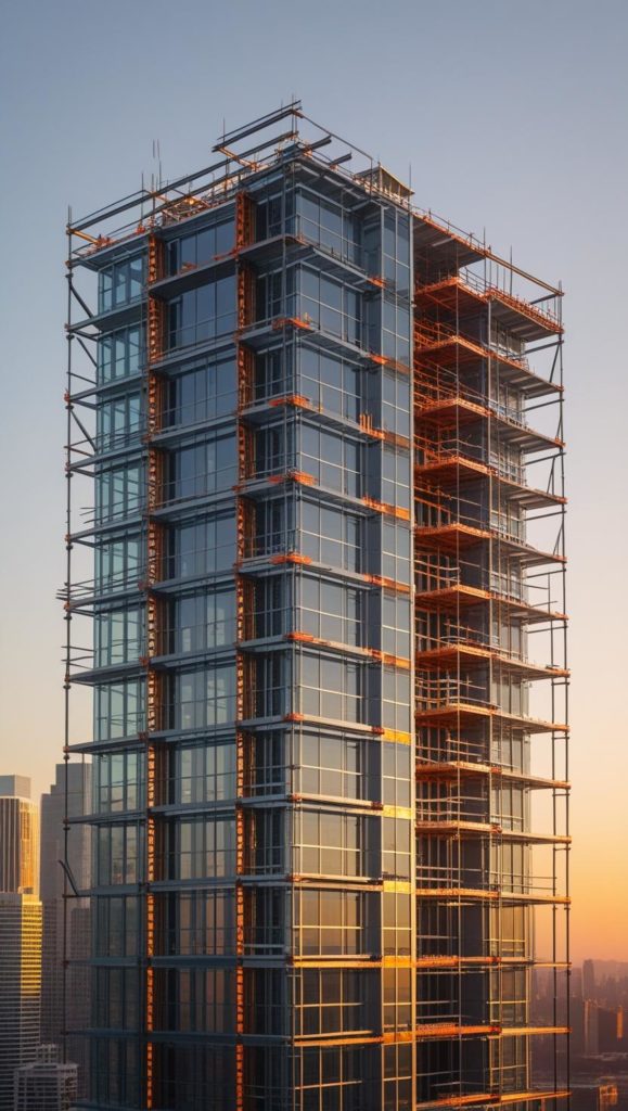 Modern high-rise under construction with tower crane at golden hour. Modern high-rise under construction with tower crane at golden hour.