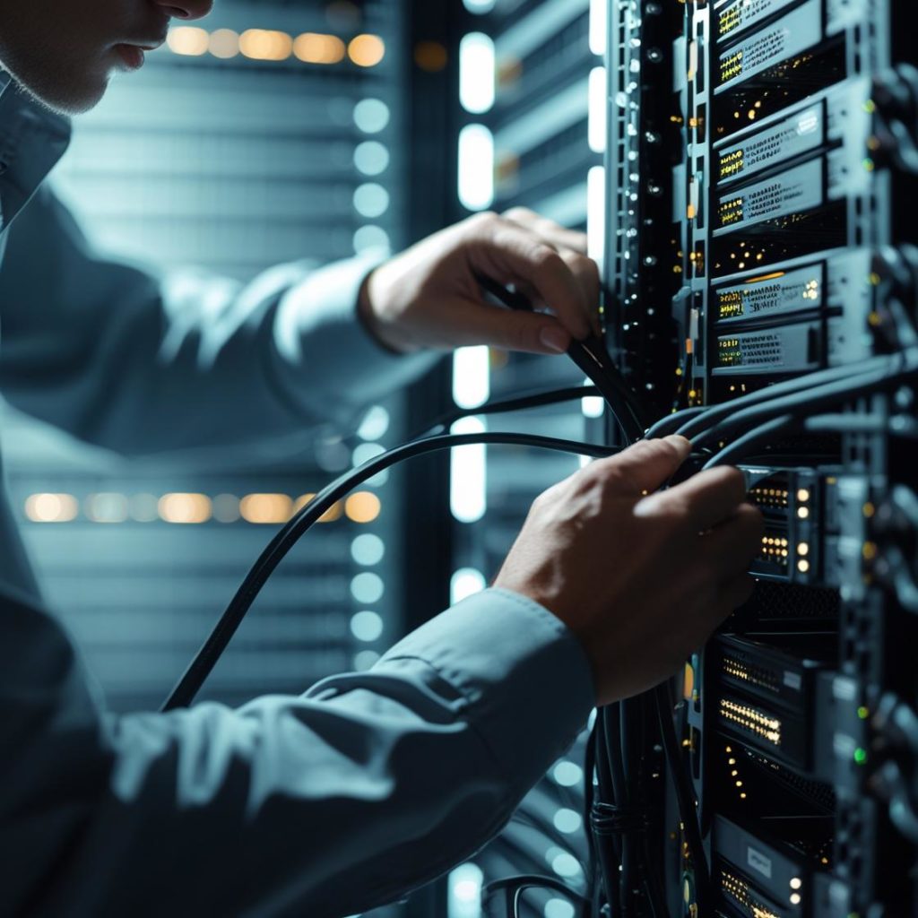 Technician restoring services on a production server in a clean rack room. Technician restoring services on a production server in a clean rack room.